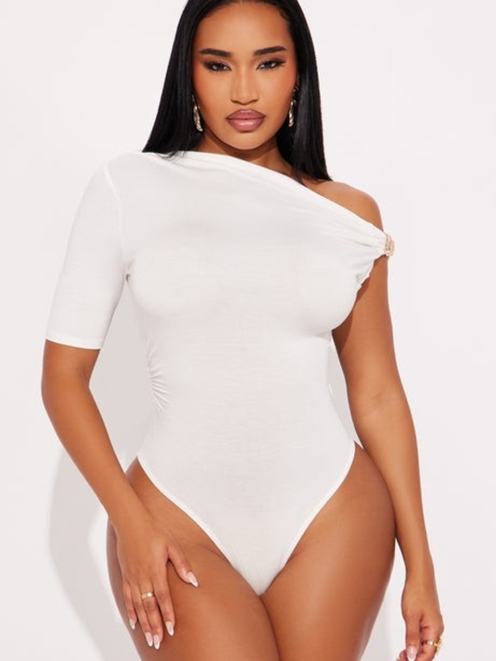 White One-Shoulder Bodysuit with Ring Detail